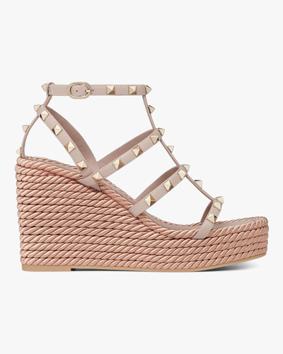 Shop Valentino Rockstud Ankle-strap Calfskin Wedge Sandal In Powder