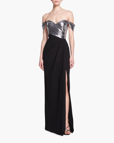 Shop Marchesa Notte Metallic Crepe Draped Off-shoulder Gown In Black