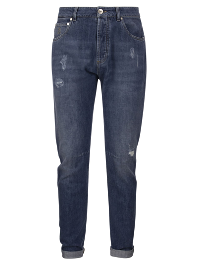 Shop Brunello Cucinelli Five-pocket Leisure Fit Trousers In Old Denim With Rips In Denim Blue