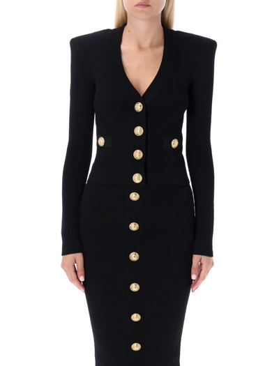 Balmain Black Fitted Cardigan With V Neckline And Jewel Buttons In Knit In Black