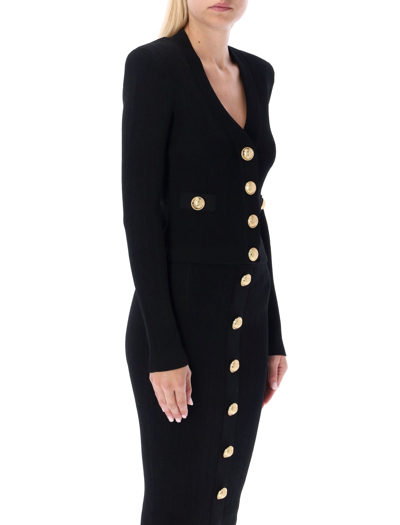 Balmain Black Fitted Cardigan With V Neckline And Jewel Buttons In Knit In Black