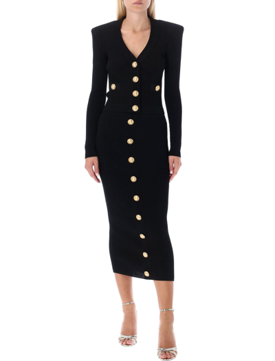 Balmain Black Fitted Cardigan With V Neckline And Jewel Buttons In Knit In Black