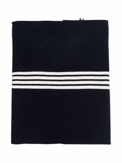 Shop Thom Browne 4-bar Ribbed-knit Wool Blanket In Blue