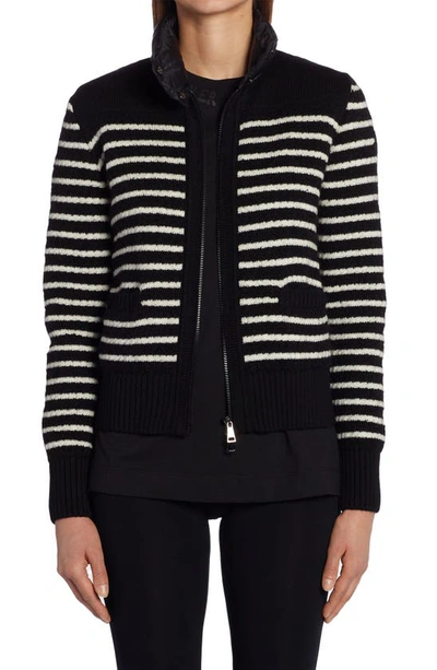 Shop Moncler Stripe Quilted Down & Knit Cardigan In Black