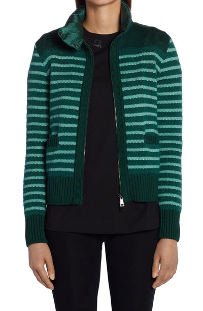 Shop Moncler Stripe Quilted Down & Knit Cardigan In Green