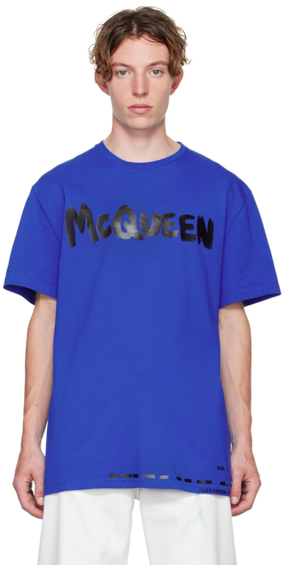 Shop Alexander Mcqueen Blue Graffiti T-shirt In 923 Royal Blue/mix