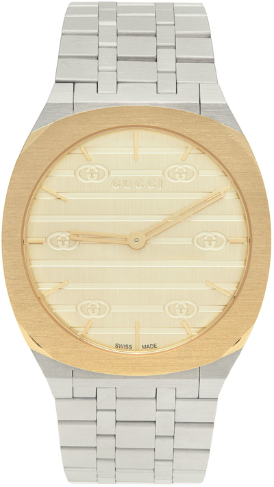 Shop Gucci Silver & Gold 25h Watch In 9812 Yellow/gry&yell