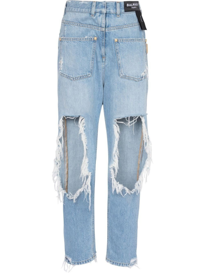 Shop Balmain Light Blue Reverse Ripped Jeans