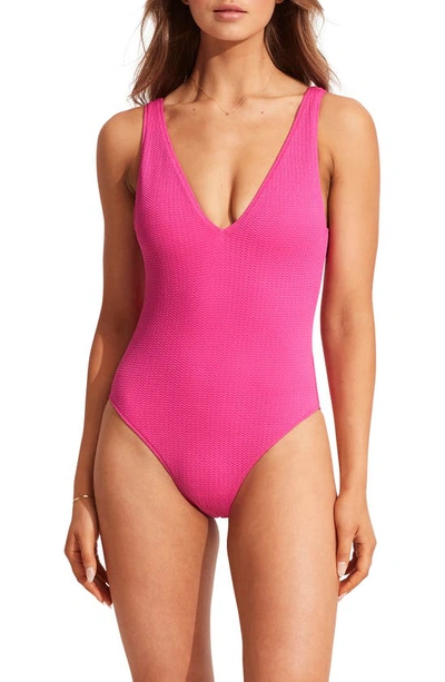 Shop Seafolly Sea Dive Deep V-neck One-piece Swimsuit In Fuchsia Rose