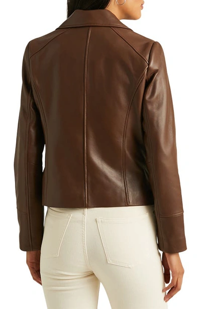 Shop Lauren Ralph Lauren Lambskin Leather Moto Jacket In Cuoio