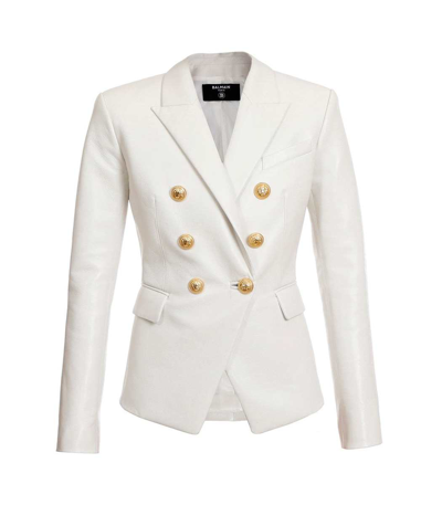 Shop Balmain 6 Lion Buttons Leather Jacket In Opa Blanc