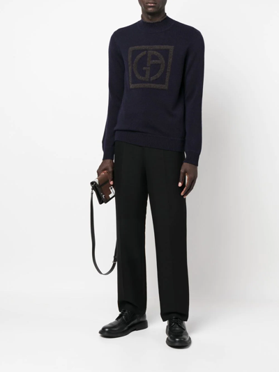 Giorgio Armani Raised-logo Relaxed-fit Wool-blend Turtleneck Jumper In Blue