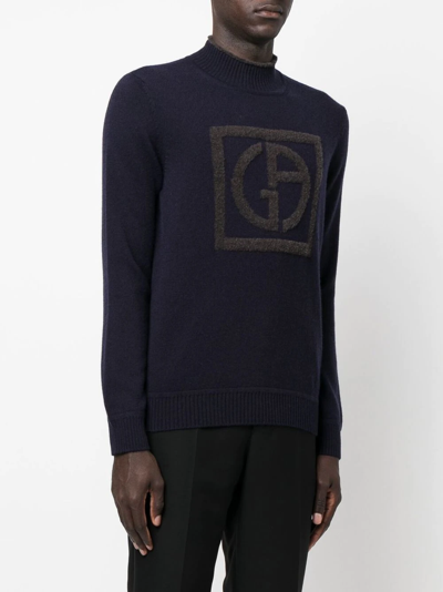 Shop Giorgio Armani Embossed Logo Mock-neck Jumper In Blue