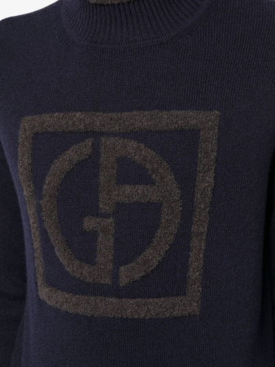 Shop Giorgio Armani Embossed Logo Mock-neck Jumper In Blue