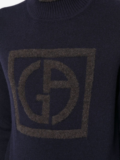 Giorgio Armani Raised-logo Relaxed-fit Wool-blend Turtleneck Jumper In Blue