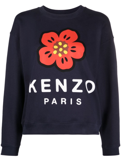 Shop Kenzo Logo-print Crew Neck Sweatshirt In Blue