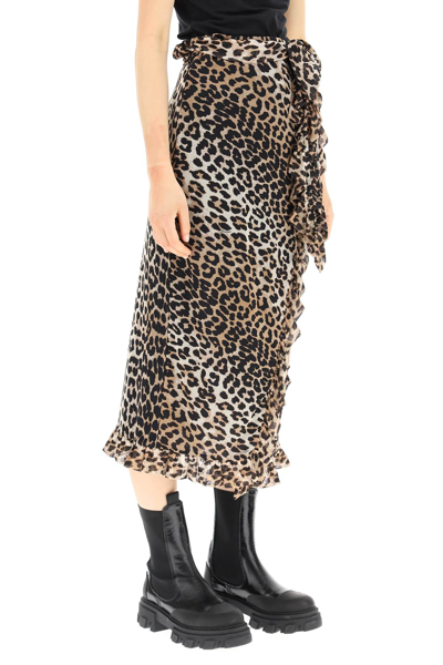 Shop Ganni Leopard Print Mesh Midi Skirt In Brown,black
