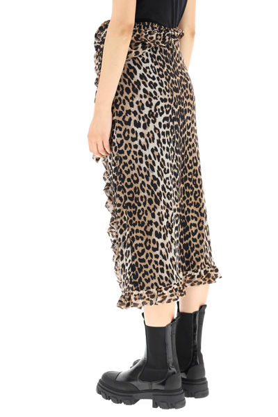 Shop Ganni Leopard Print Mesh Midi Skirt In Brown,black