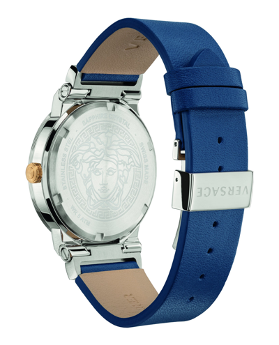 Shop Versace Greca Logo Leather Watch In Blue