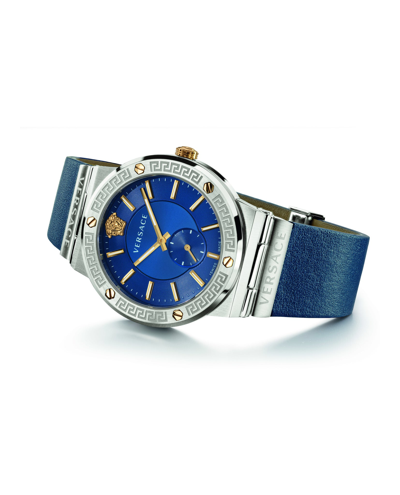 Shop Versace Greca Logo Leather Watch In Blue