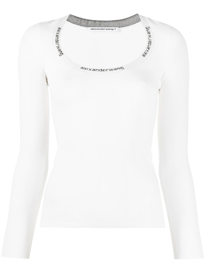 Shop Alexander Wang T T By Alexander Wang Scoop Neck Long Sleeve Pullover With Knit Logo Trim On Neckline In 104 Soft White