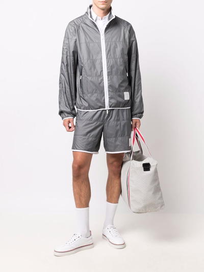 Shop Thom Browne Men Track Shorts W/ Jersey Lining In Quilted Ripstop In Silver 045