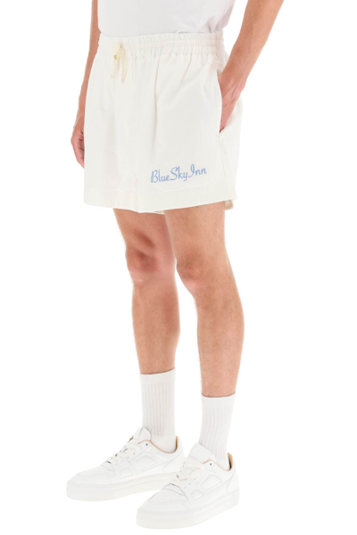 Shop Blue Sky Inn Linen Logo Shorts In White