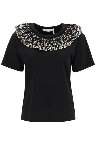 Shop See By Chloé See By Chloe Embroidered Ruffle T-shirt In Mixed Colours