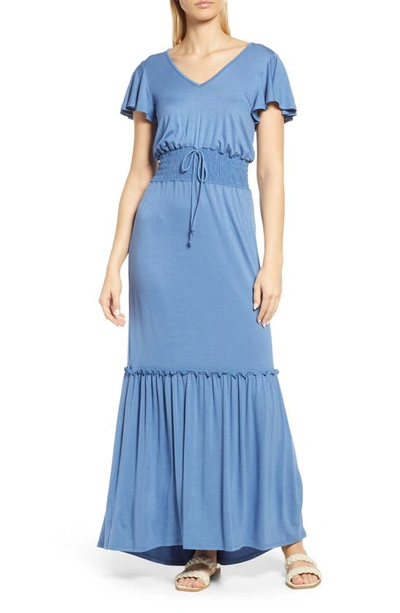 Shop Loveappella Smock Waist Knit Maxi Dress In Denim