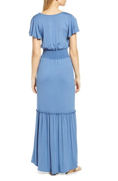 Loveappella Smock Waist Knit Maxi Dress In Denim