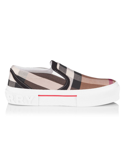 Shop Burberry Men's Curt Check Slip-on Sneakers In Birch Brown