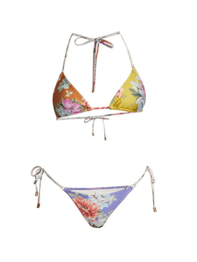 Shop Zimmermann Women's Two-piece Pattie Floral Mini Triangle Bikini In Spliced