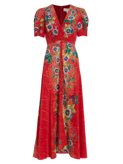 Shop Saloni Women's Lea Printed Silk Maxi Dress In Climbing Dianthus