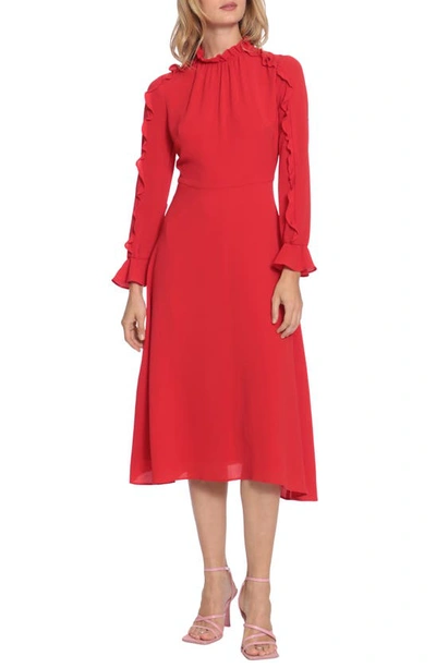 Shop Donna Morgan For Maggy Ruffle Long Sleeve A-line Midi Dress In Cherry