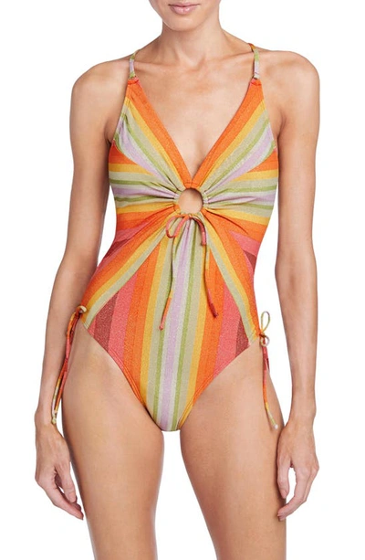 Shop Robin Piccone Greta Ruched Keyhole Cutout One-piece Swimsuit In Persimmon Multi