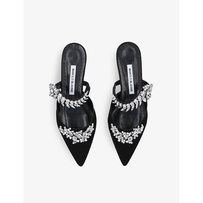 Shop Manolo Blahnik Women's Black Lurum Crystal-embellished Satin Mules