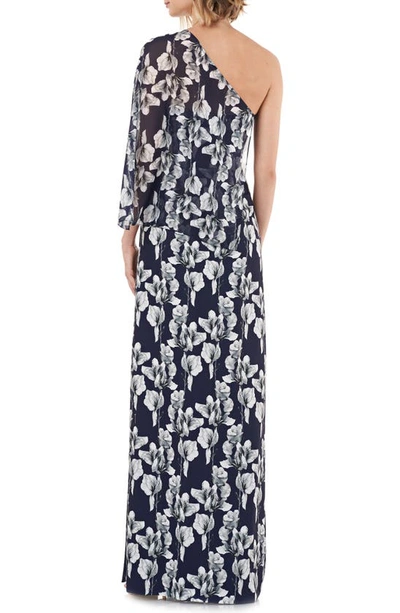 Shop Kay Unger One-shoulder Capelet Gown In Navy Multi