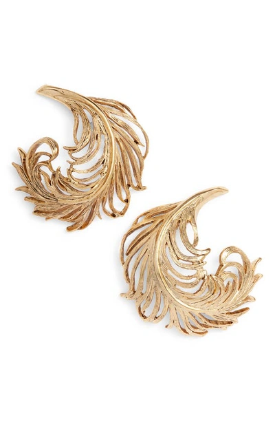 Shop Oscar De La Renta Large Feather Drop Earrings In Gold