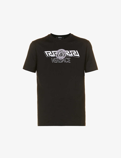Shop Versace Graphic-print Crewneck Cotton-jersey T-shirt In Black