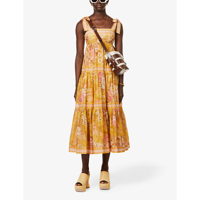 Shop Zimmermann Pattie Floral-print Cotton Midi Dress In Mustard Floral