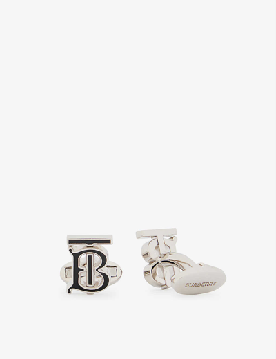 Shop Burberry Men's Black/ Palladio Brand-engraved Brass And Enamel Cufflinks