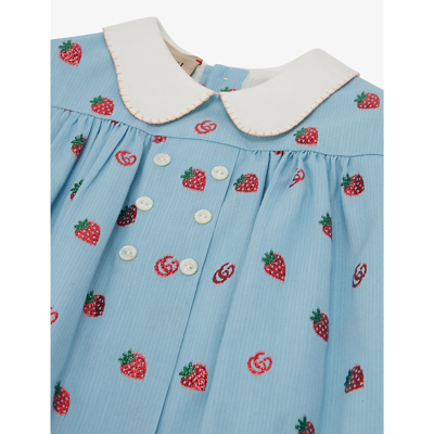 Shop Gucci Strawberry Graphic-print Cotton-blend Dress 12-36 Months In Blue