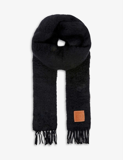 Shop Loewe Brand-patch Fringed-edge Wool Scarf In Black