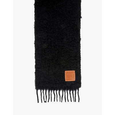 Shop Loewe Brand-patch Fringed-edge Wool Scarf In Black
