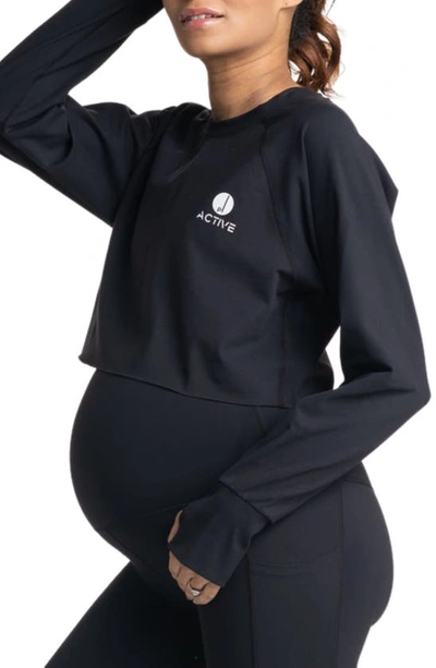 Shop Preggo Leggings Sima Active Crop Long Sleeve Maternity Top In Black