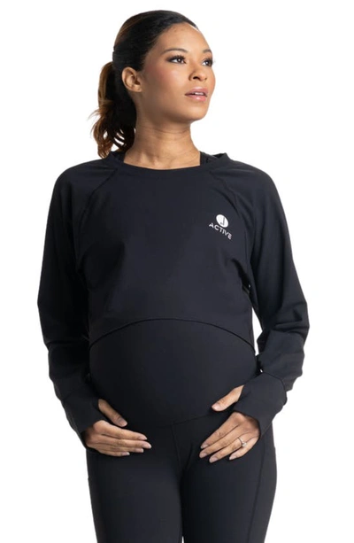 Preggo Leggings Sima Active Crop Long Sleeve Maternity Top In Black