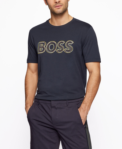 Hugo Boss Cotton-jersey Regular-fit T-shirt With Logo Artwork- Dark Blue  Men's T-shirts Size 3xl | ModeSens
