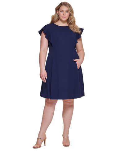 Shop Dkny Plus Size Ruffle Sleeve Fit & Flare Dress In Navy
