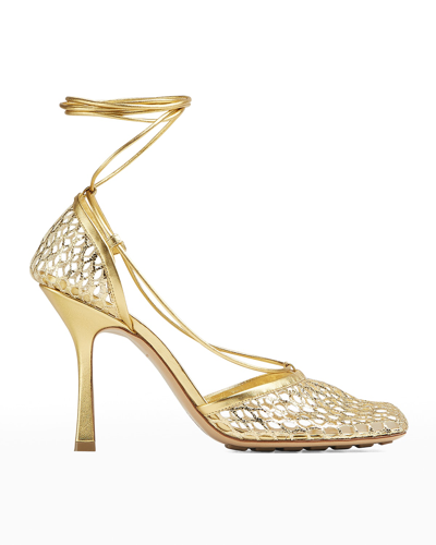 Shop Bottega Veneta 90mm Macrame Metallic Ankle-wrap Pumps In Gold