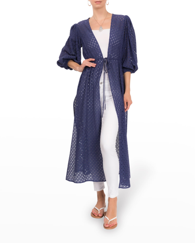 Shop Everyday Ritual Kittie Eyelet Coverup Cardigan In Navy